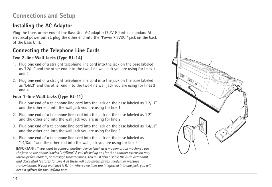 Connections and setup, Installing the ac adaptor, Connecting the telephone line cords | RCA 25450 User Manual | Page 14 / 124