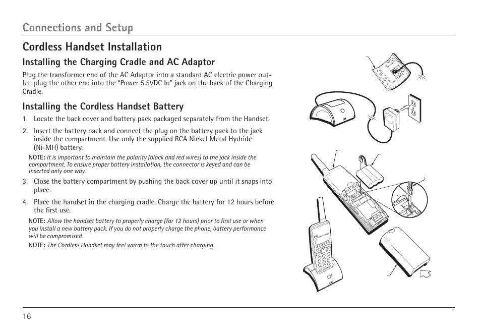 Cordless handset installation, Connections and setup, Installing the charging cradle and ac adaptor | Installing the cordless handset battery | RCA 25450 User Manual | Page 16 / 124