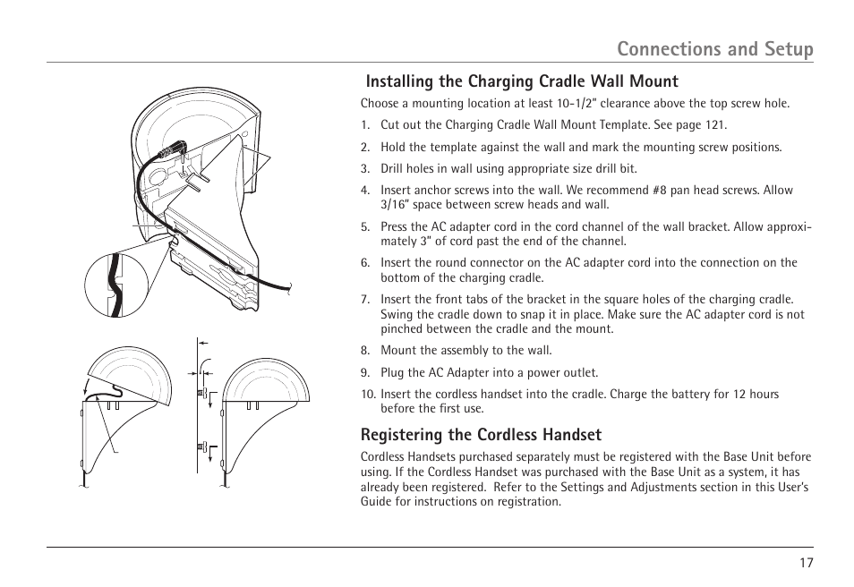 Connections and setup, Installing the charging cradle wall mount, Registering the cordless handset | RCA 25450 User Manual | Page 17 / 124