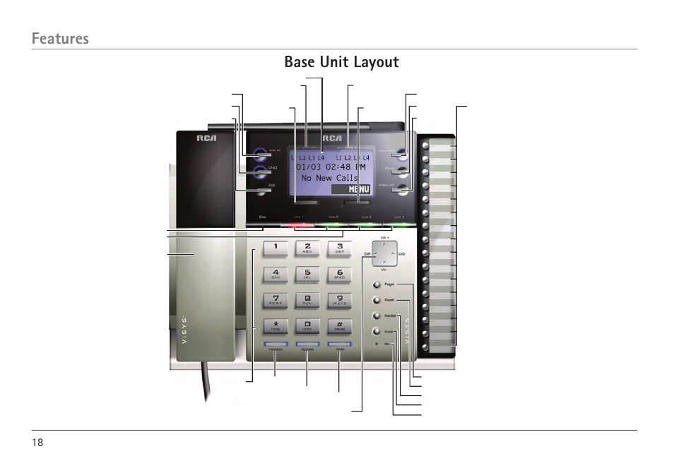 Features base unit layout | RCA 25450 User Manual | Page 18 / 124