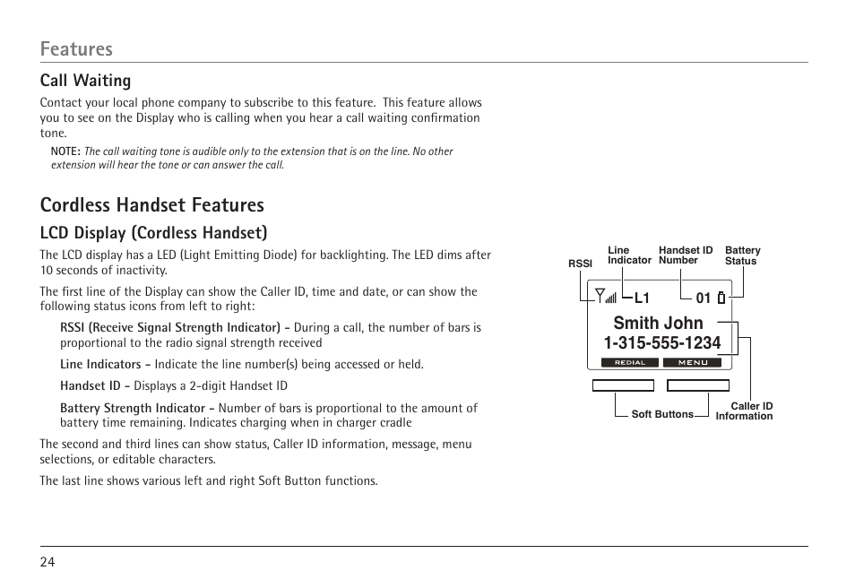 Features, Cordless handset features, Call waiting | Lcd display (cordless handset) | RCA 25450 User Manual | Page 24 / 124