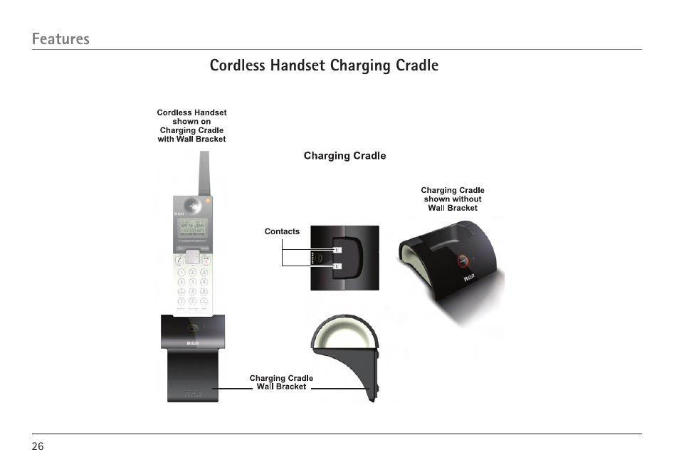 Cordless handset charging cradle features | RCA 25450 User Manual | Page 26 / 124