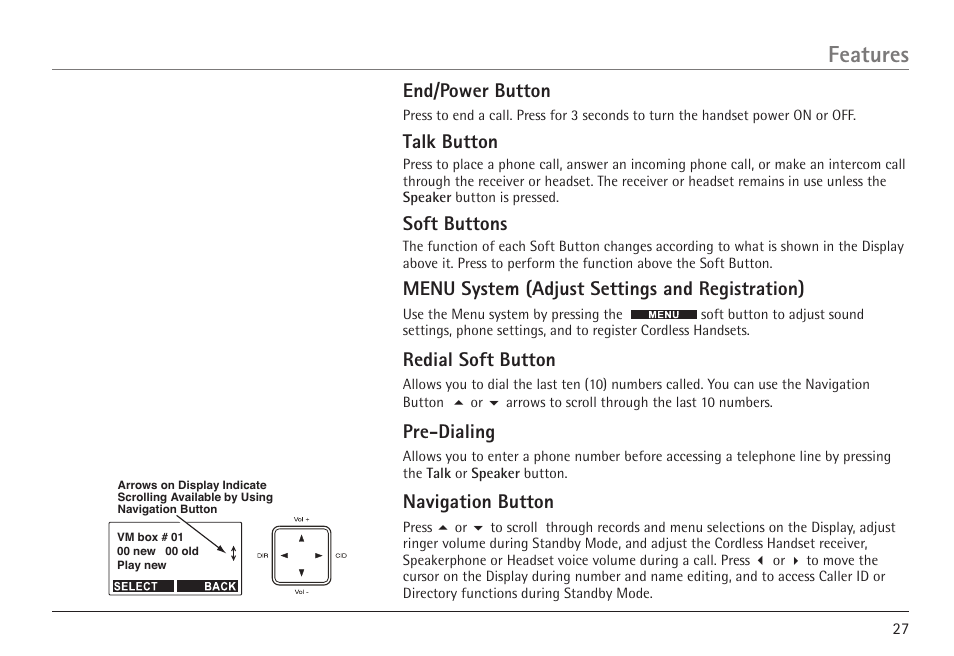 Features, End/power button, Talk button | Soft buttons, Menu system (adjust settings and registration), Redial soft button, Pre-dialing, Navigation button | RCA 25450 User Manual | Page 27 / 124