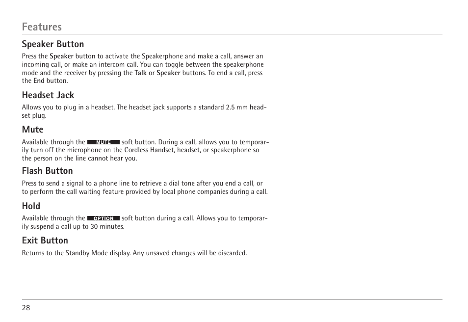 Features, Speaker button, Headset jack | Mute, Flash button, Hold, Exit button | RCA 25450 User Manual | Page 28 / 124