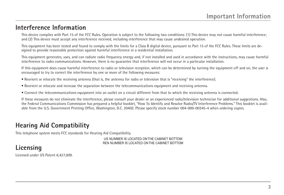 Interference information, Hearing aid compatibility, Licensing | Important information | RCA 25450 User Manual | Page 3 / 124