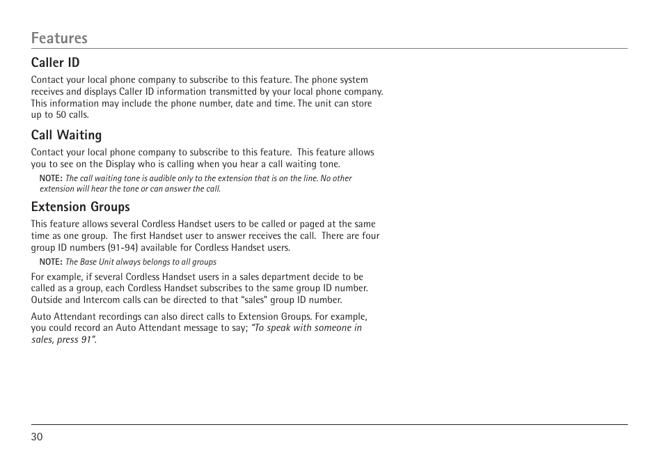 Features, Caller id, Call waiting | Extension groups | RCA 25450 User Manual | Page 30 / 124