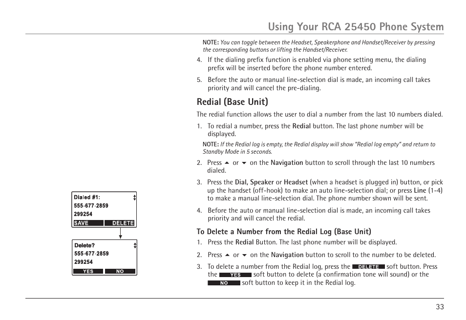 Redial, Base unit) | RCA 25450 User Manual | Page 33 / 124