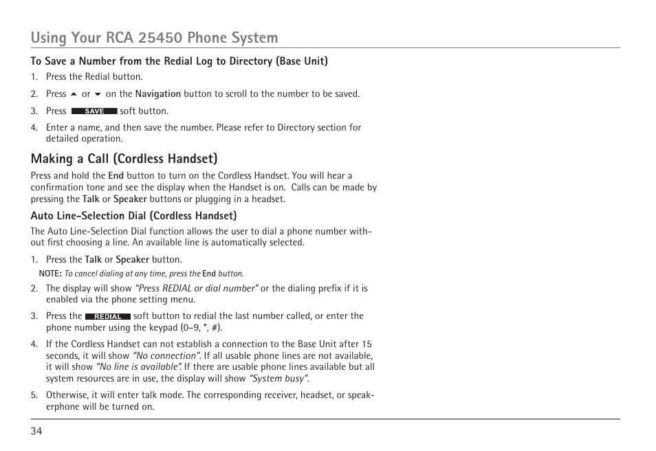Making a call (cordless handset) | RCA 25450 User Manual | Page 34 / 124
