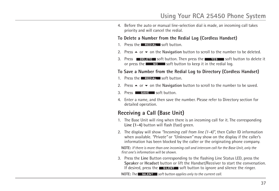 Receiving a call (base unit) | RCA 25450 User Manual | Page 37 / 124