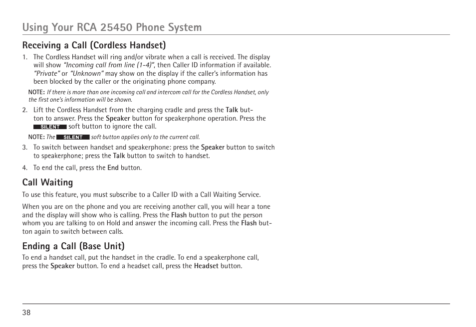 Receiving a call (cordless handset), Call waiting, Ending a call (base unit) | RCA 25450 User Manual | Page 38 / 124