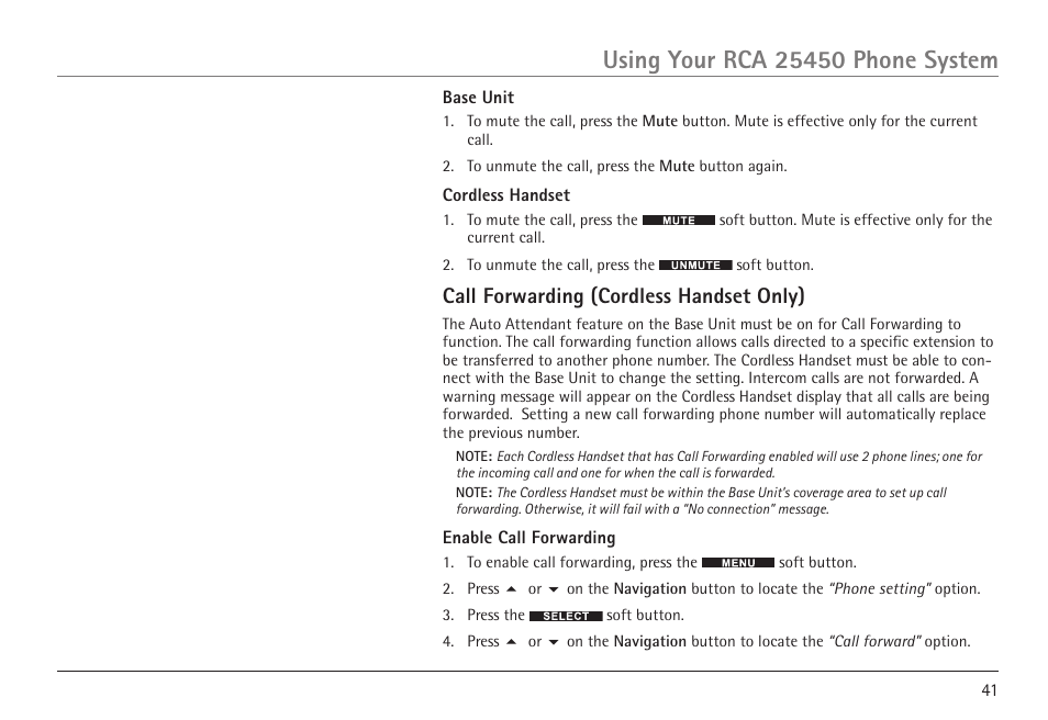 Call forwarding (cordless handset only) | RCA 25450 User Manual | Page 41 / 124