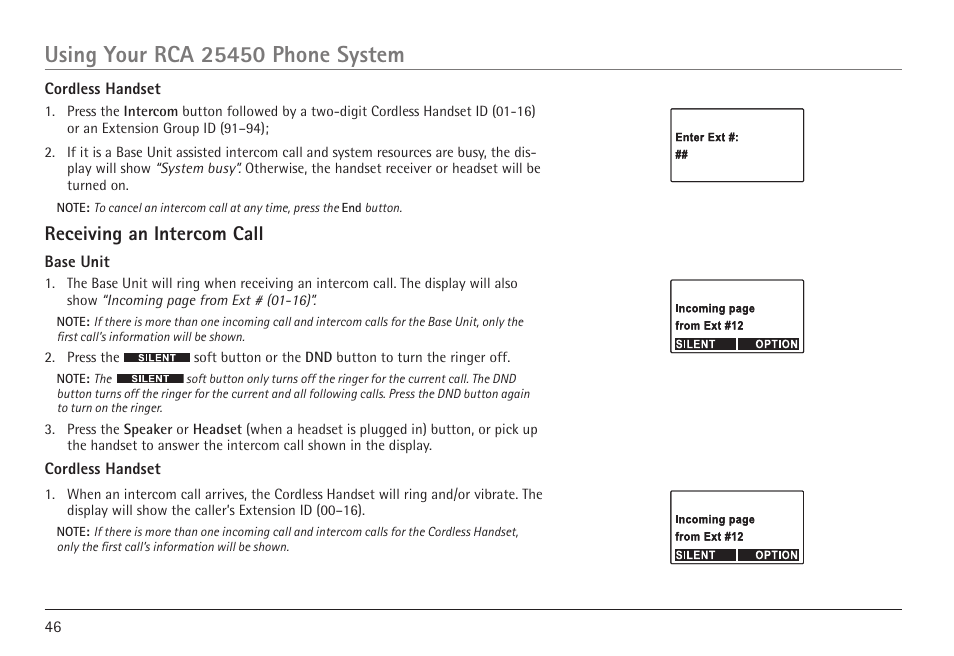 Receiving an intercom call | RCA 25450 User Manual | Page 46 / 124