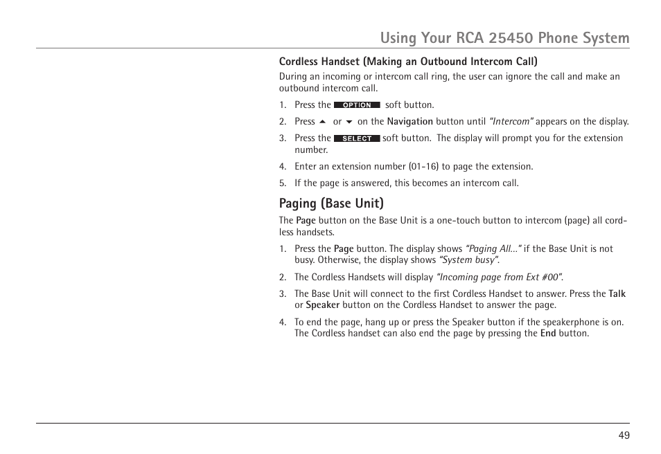 Paging (base unit) | RCA 25450 User Manual | Page 49 / 124