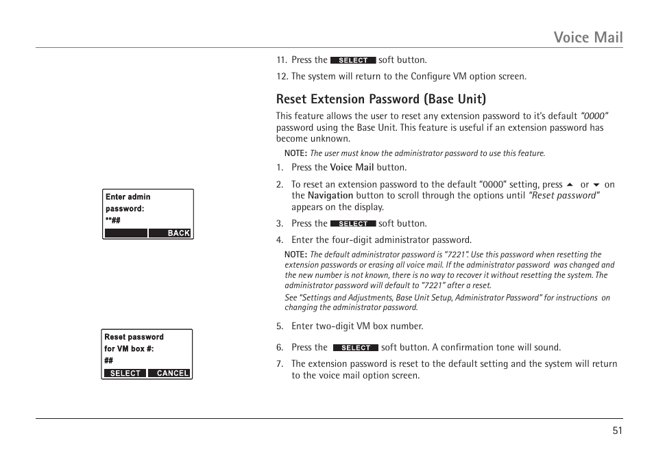 Voice mail, Reset extension password (base unit) | RCA 25450 User Manual | Page 51 / 124