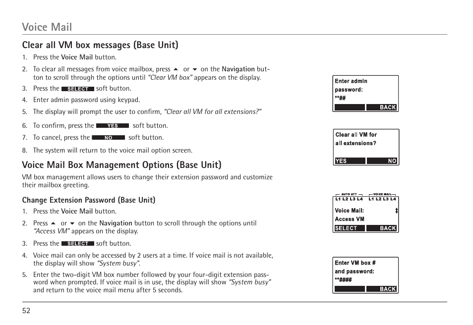 Voice mail, Clear all vm box messages (base unit), Voice mail box management options (base unit) | RCA 25450 User Manual | Page 52 / 124