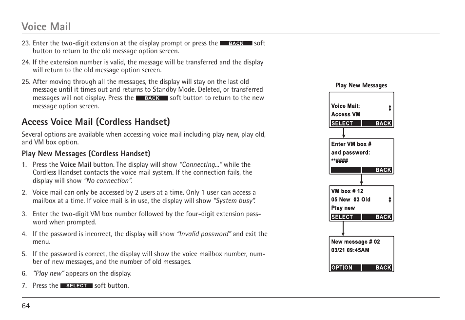 Voice mail, Access voice mail (cordless handset) | RCA 25450 User Manual | Page 64 / 124