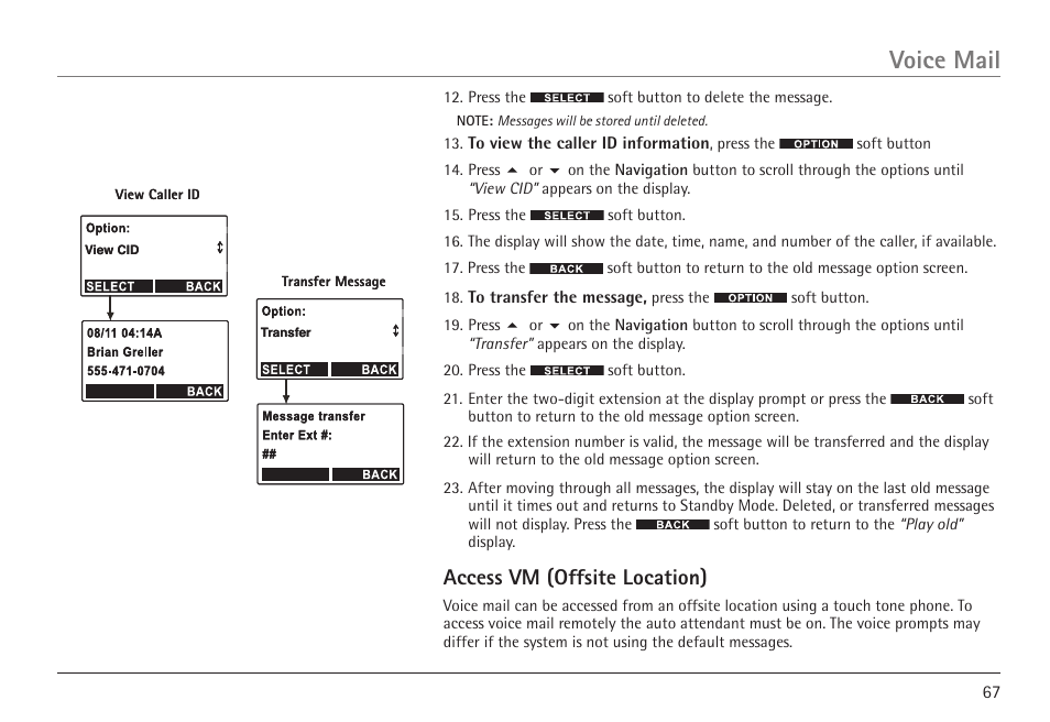 Voice mail, Access vm (offsite location) | RCA 25450 User Manual | Page 67 / 124