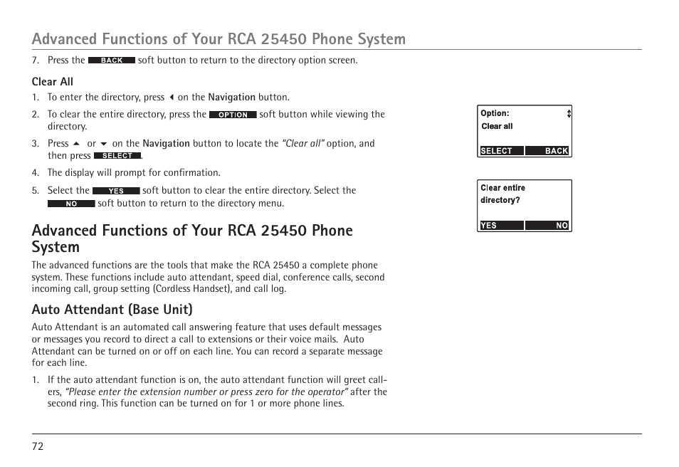 Auto attendant (base unit) | RCA 25450 User Manual | Page 72 / 124