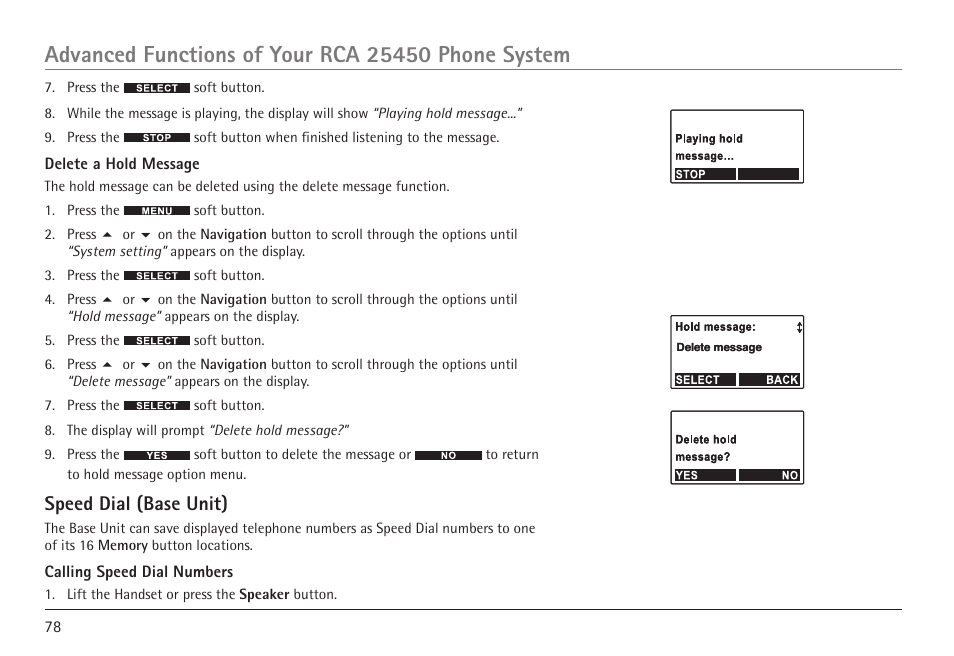 Speed dial (base unit) | RCA 25450 User Manual | Page 78 / 124