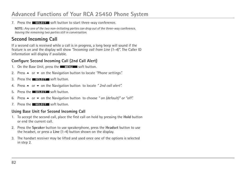 Second incoming call | RCA 25450 User Manual | Page 82 / 124