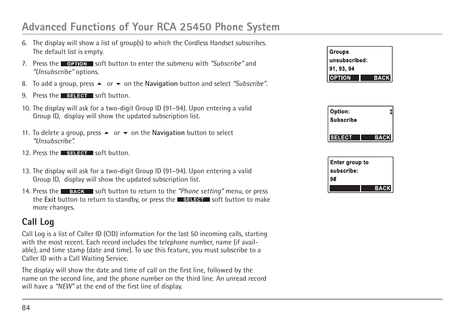 Call log | RCA 25450 User Manual | Page 84 / 124