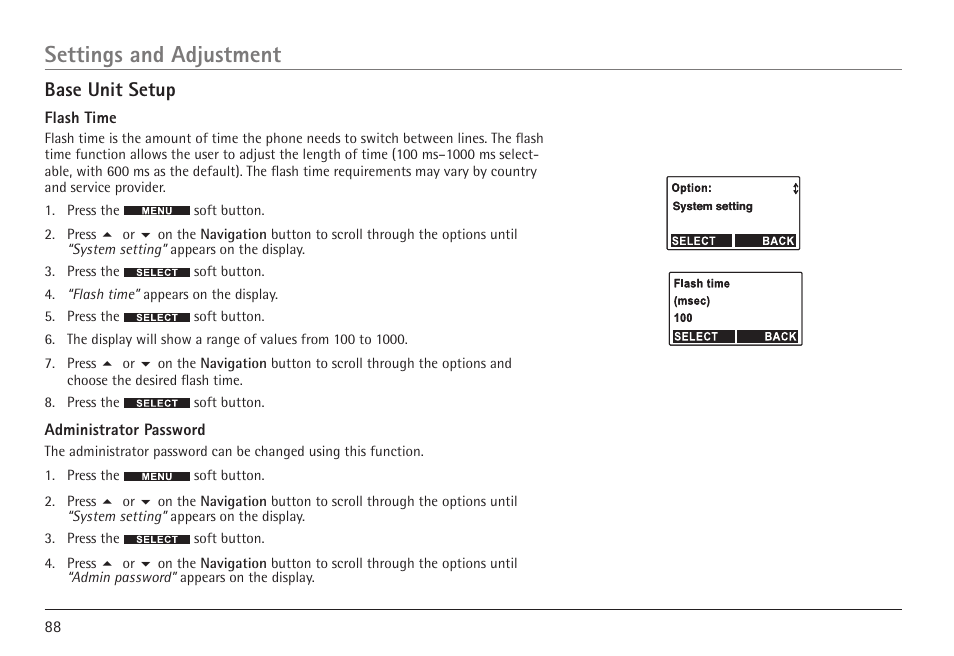 Settings and adjustment, Base unit setup | RCA 25450 User Manual | Page 88 / 124