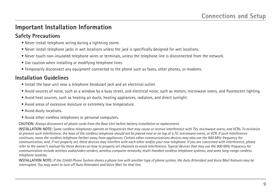 Important installation information, Connections and setup, Safety precautions | Installation guidelines | RCA 25450 User Manual | Page 9 / 124