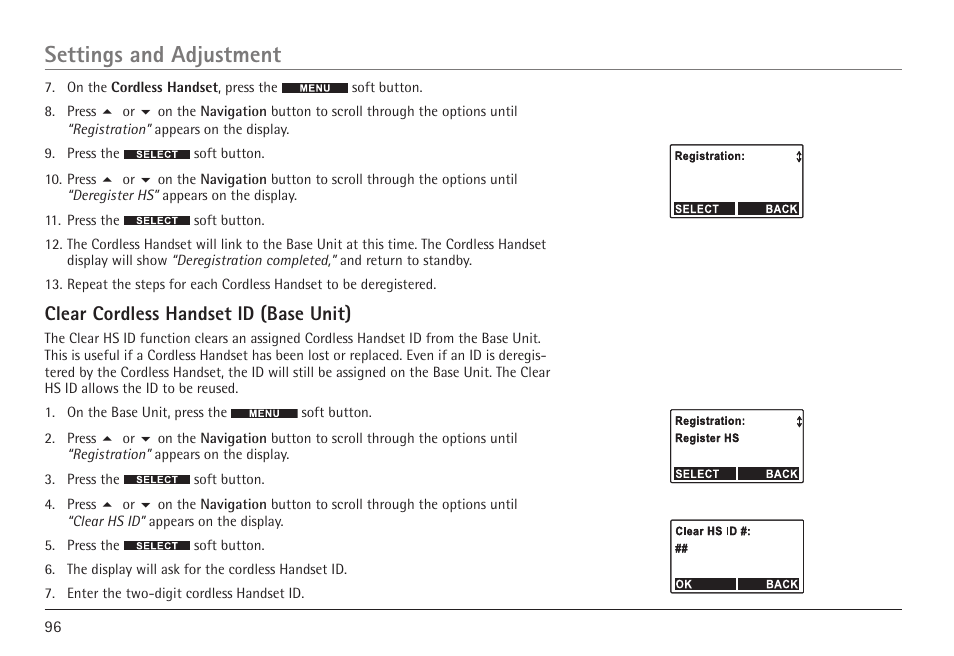 Settings and adjustment, Clear cordless handset id (base unit) | RCA 25450 User Manual | Page 96 / 124