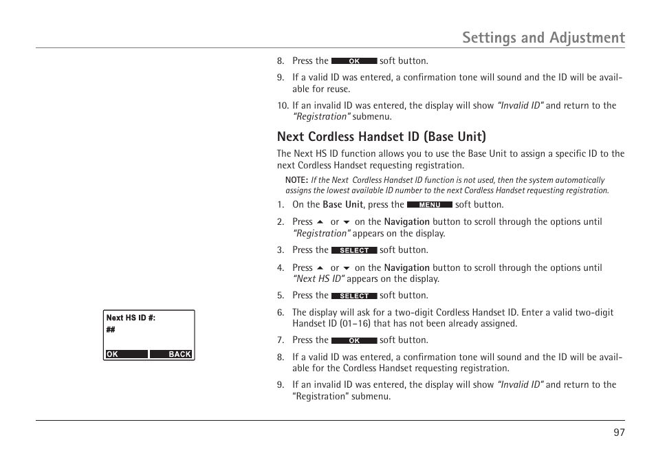 Settings and adjustment, Next cordless handset id (base unit) | RCA 25450 User Manual | Page 97 / 124