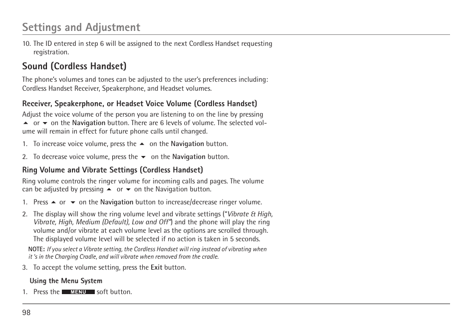 Settings and adjustment, Sound (cordless handset) | RCA 25450 User Manual | Page 98 / 124
