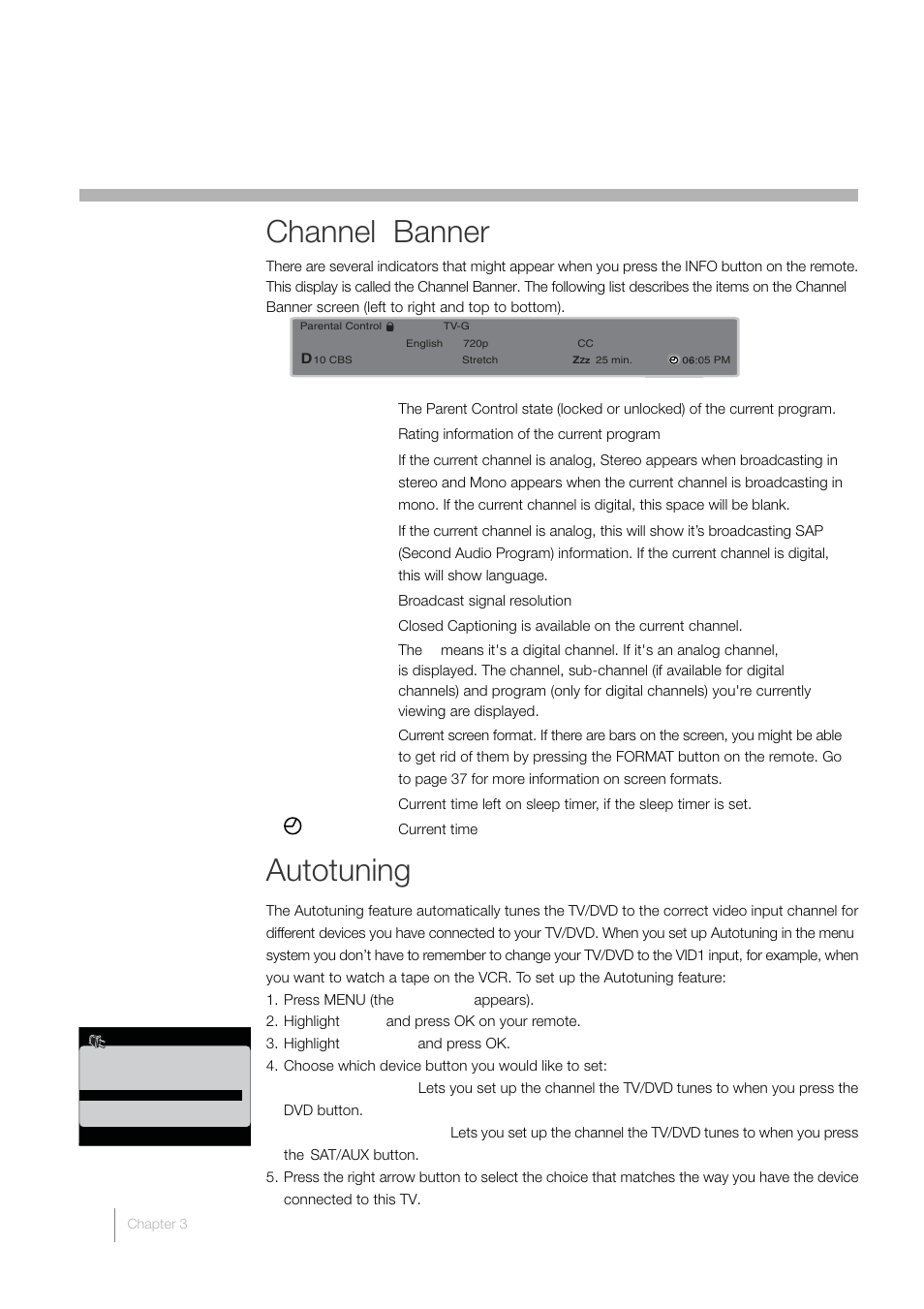 3 using tv features, Channel banner, Autotuning | RCA L32HD33D User Manual | Page 32 / 56