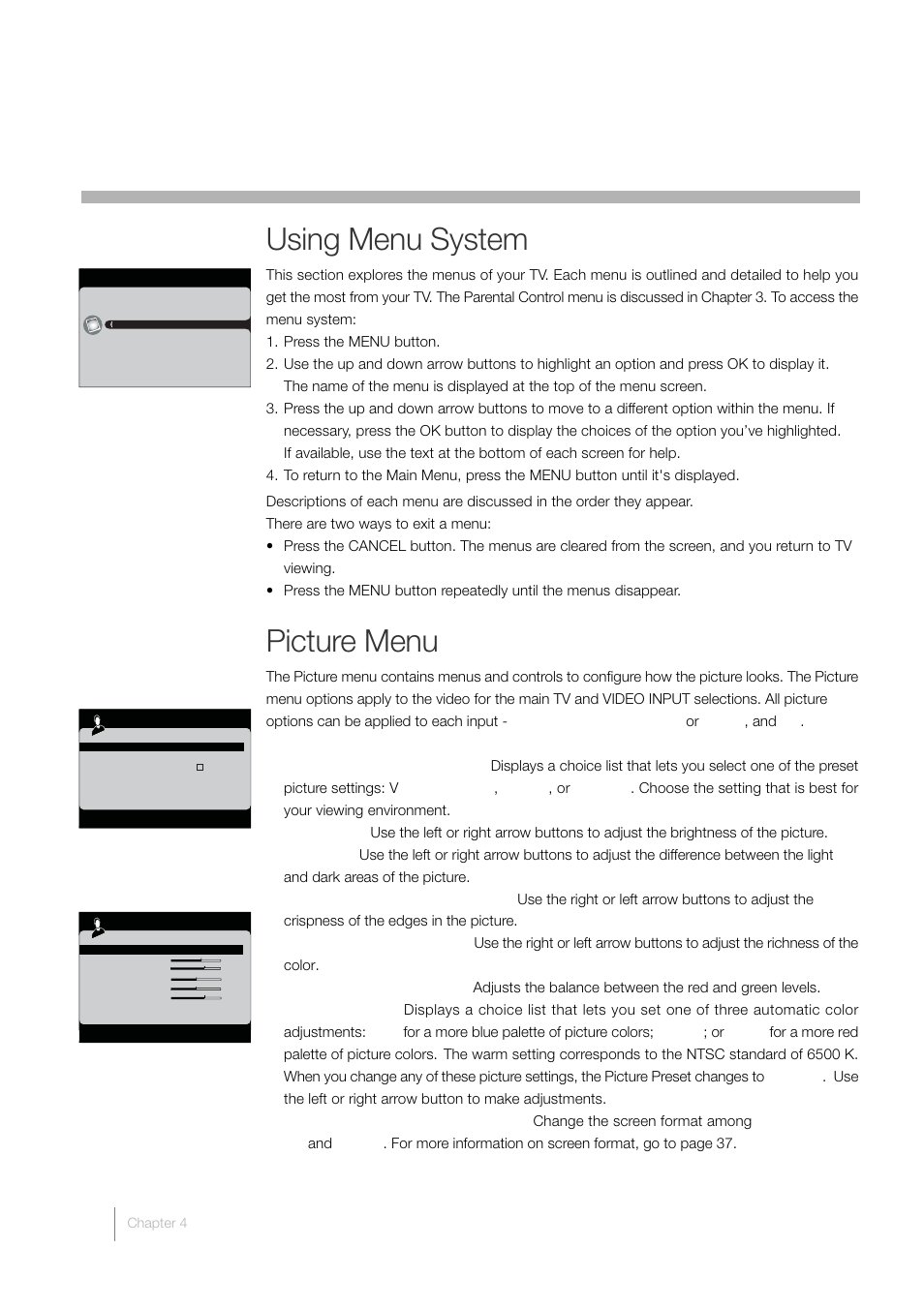 4 using tv menu, Using menu system, Picture menu | RCA L32HD33D User Manual | Page 38 / 56