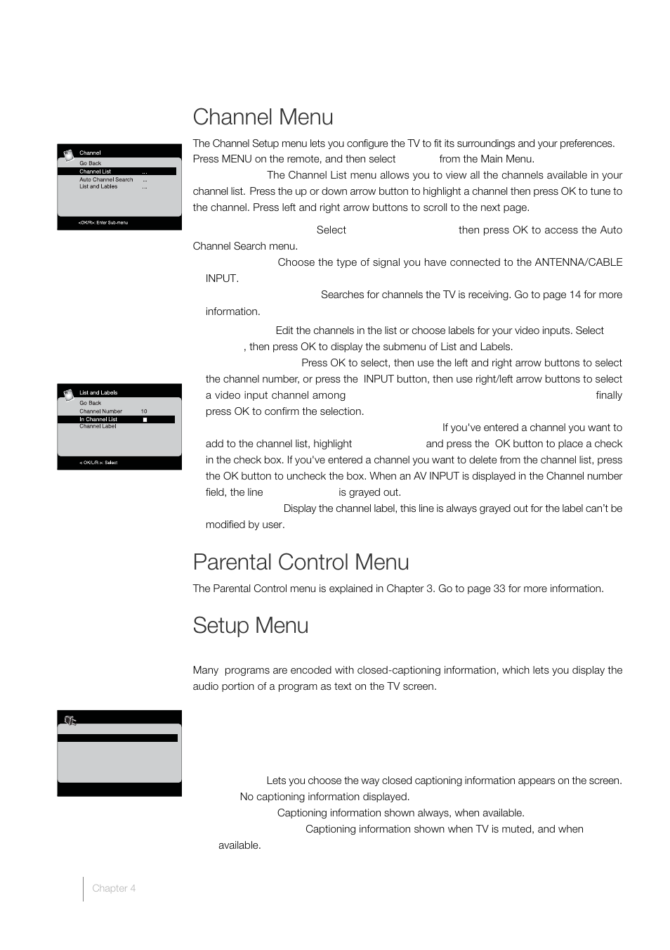 Channel menu, Parental control menu, Setup menu | RCA L32HD33D User Manual | Page 40 / 56
