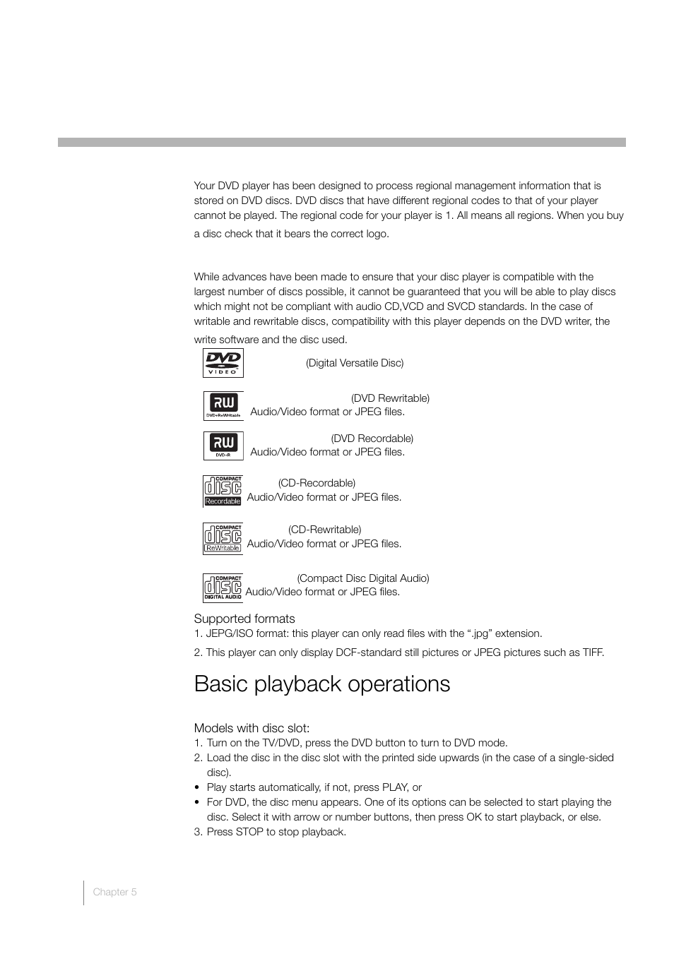 5 dvd functions-playing discs, Basic playback operations | RCA L32HD33D User Manual | Page 42 / 56