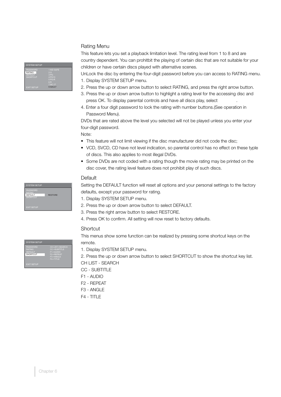 Rating menu, Default, Shortcut | RCA L32HD33D User Manual | Page 46 / 56