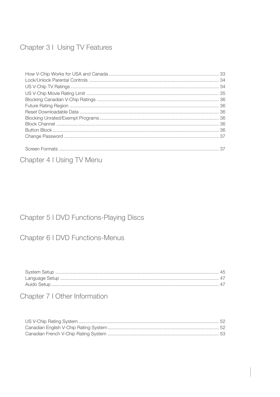 Chapter 3 i using tv features, Chapter 4 i using tv menu, Chapter 5 i dvd functions-playing discs | Chapter 6 i dvd functions-menus, Chapter 7 i other information | RCA L32HD33D User Manual | Page 5 / 56