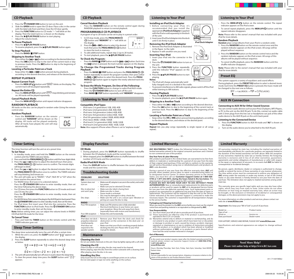 Cd playback, Listening to your ipod, Aux in connection | RCA RS27116I User Manual | Page 2 / 2