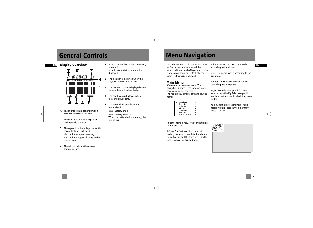 Menu navigation, General controls | RCA RD2210 User Manual | Page 12 / 23