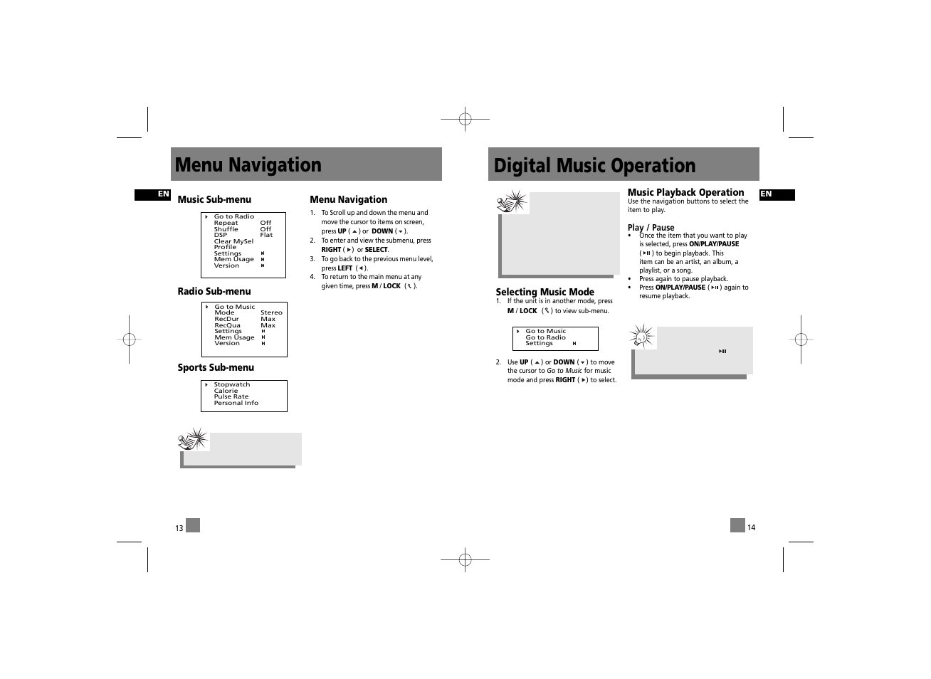 Digital music operation, Menu navigation | RCA RD2210 User Manual | Page 13 / 23