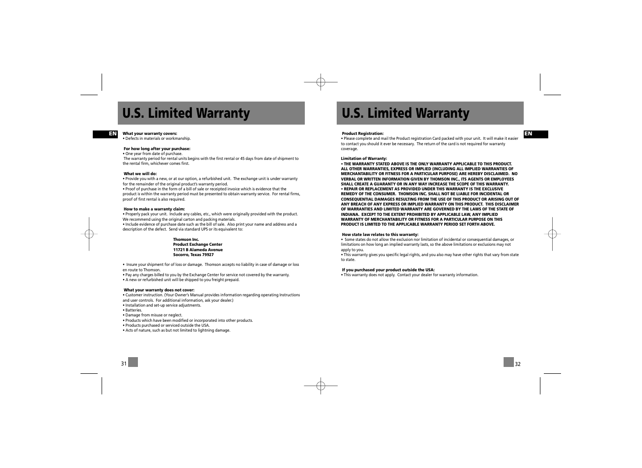 U.s. limited warranty | RCA RD2210 User Manual | Page 22 / 23