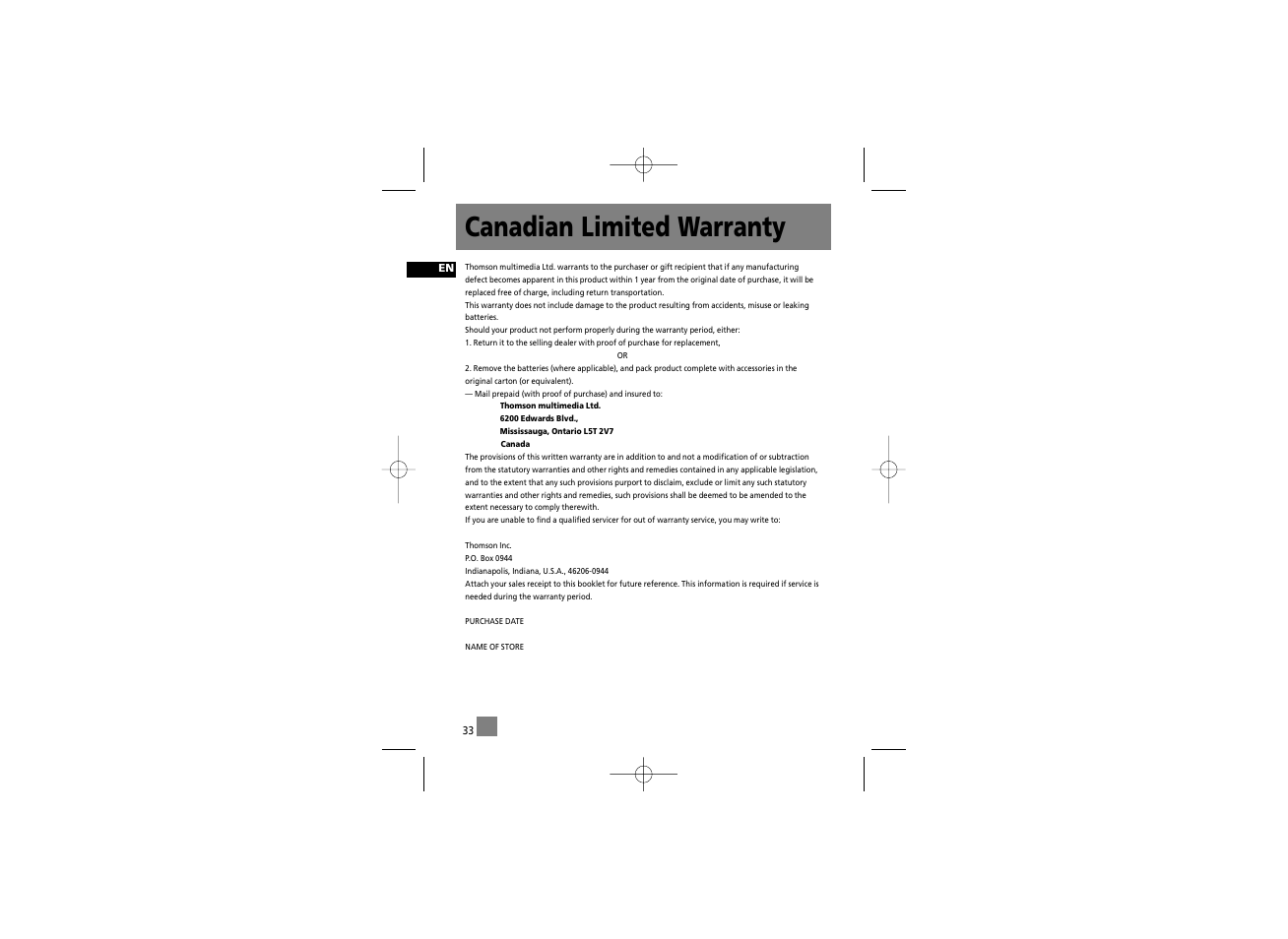 Canadian limited warranty | RCA RD2210 User Manual | Page 23 / 23