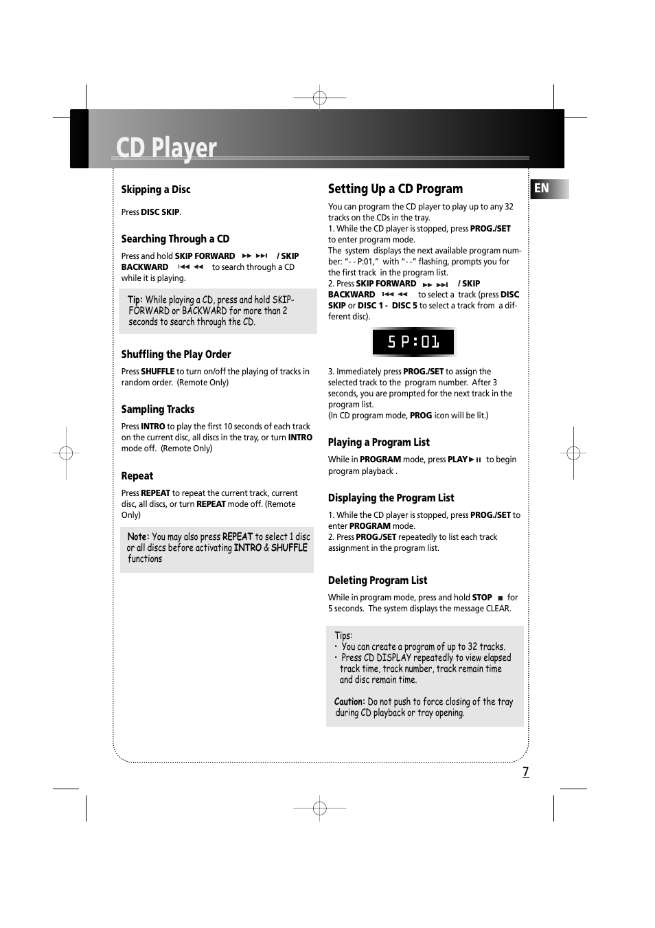 Cd player, 5 p:01, Setting up a cd program | RCA RS2610 User Manual | Page 10 / 19