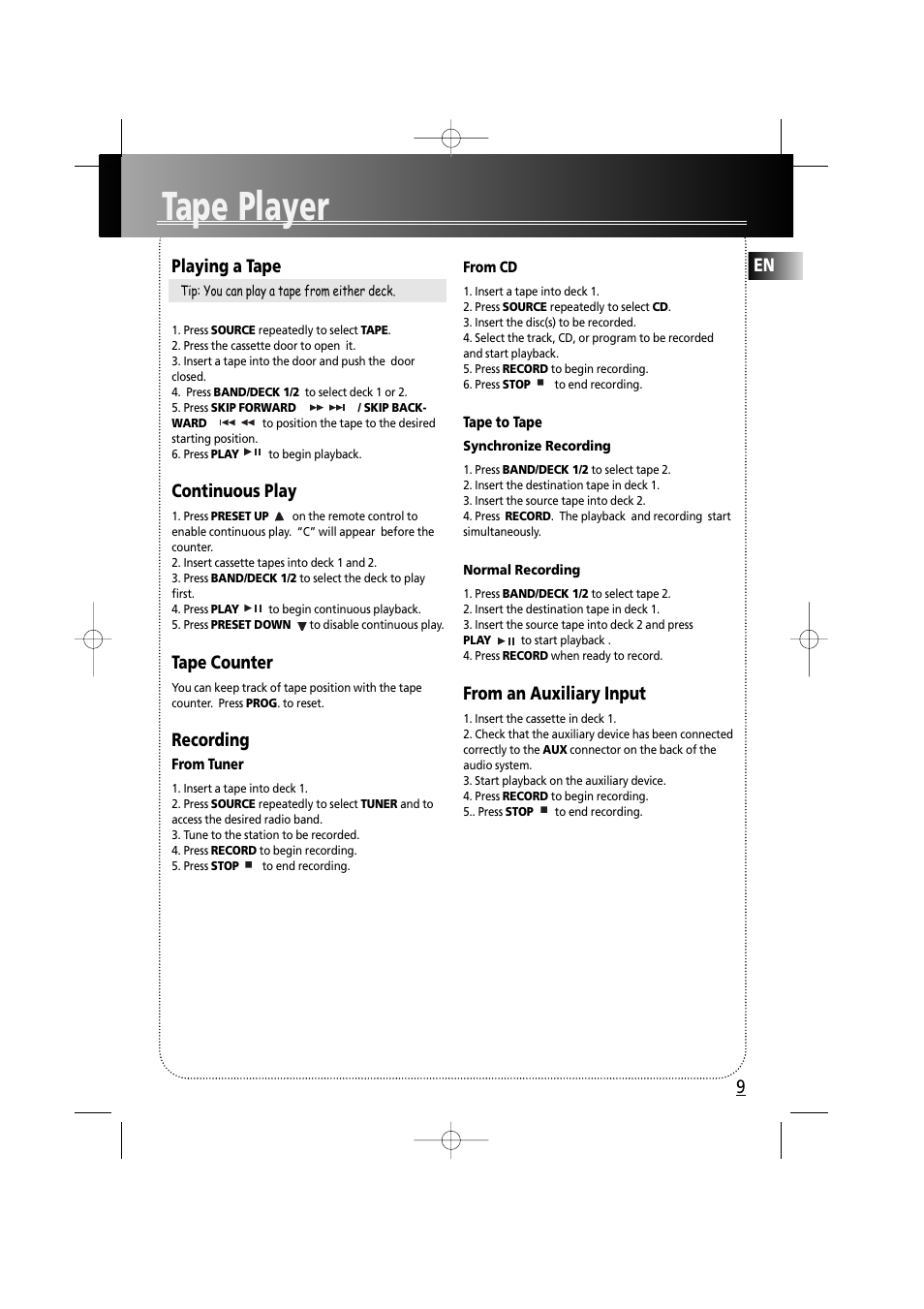 Tape player | RCA RS2610 User Manual | Page 12 / 19