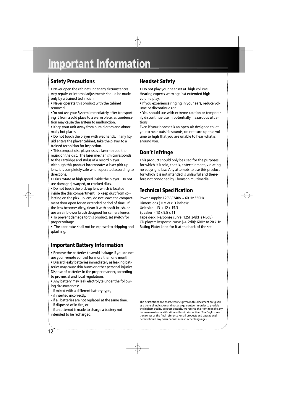 Important information | RCA RS2610 User Manual | Page 15 / 19