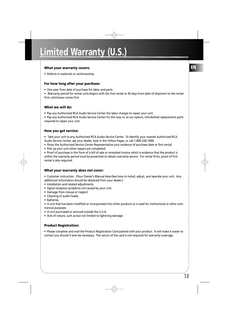 Limited warranty (u.s.), 13 en | RCA RS2610 User Manual | Page 16 / 19