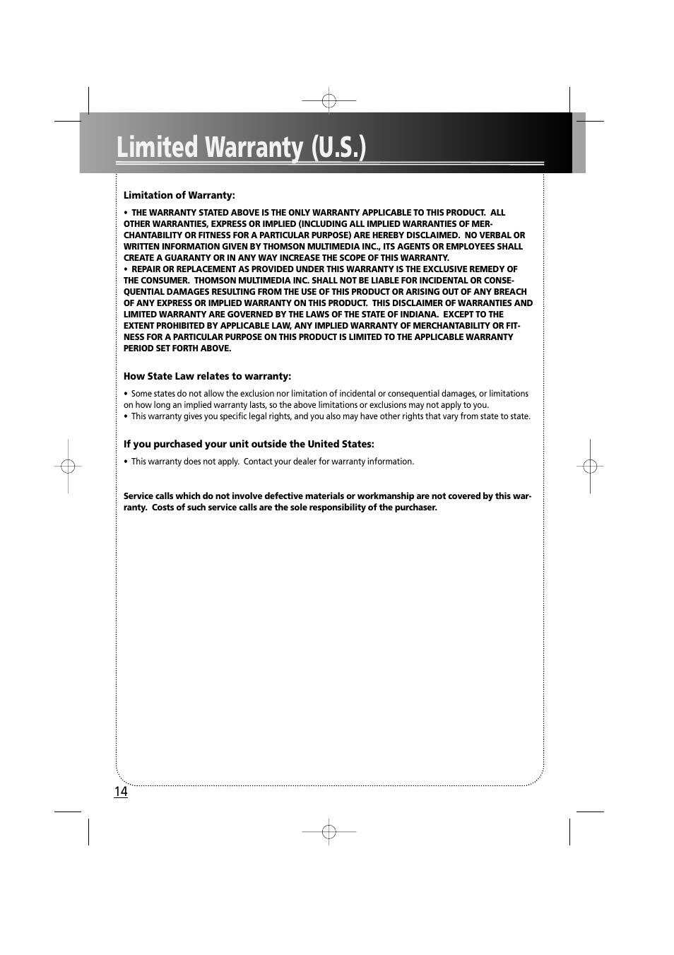 Limited warranty (u.s.) | RCA RS2610 User Manual | Page 17 / 19