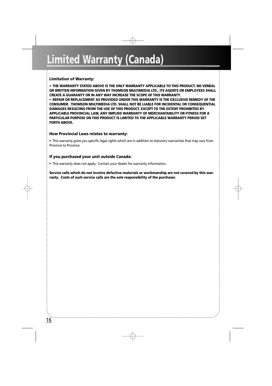 Limited warranty (canada) | RCA RS2610 User Manual | Page 19 / 19