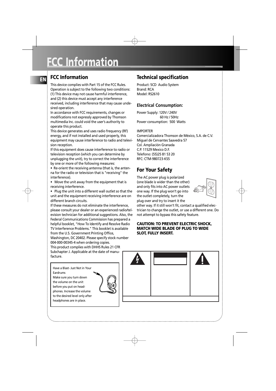 Fcc information, En fcc information, Technical specification | For your safety, Caution | RCA RS2610 User Manual | Page 3 / 19