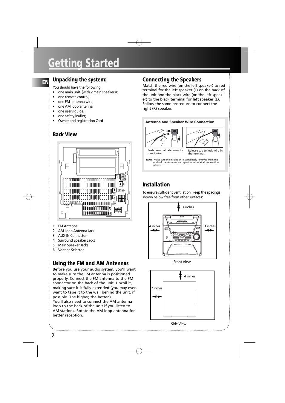 Getting started, En 2 unpacking the system, Back view | Using the fm and am antennas, Connecting the speakers, Installation | RCA RS2610 User Manual | Page 5 / 19