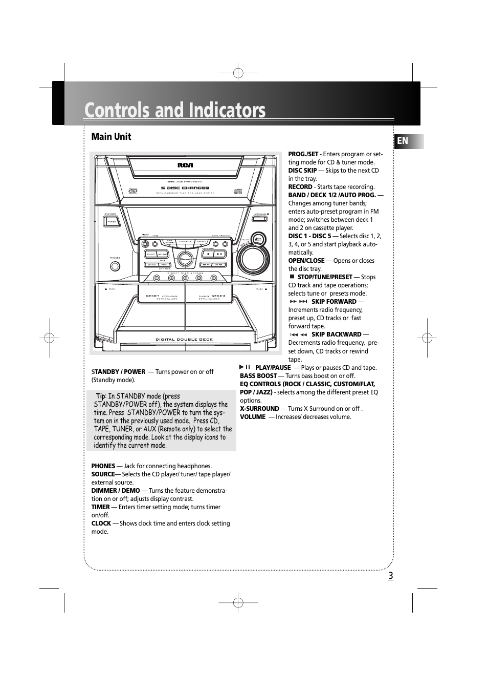 Controls and indicators, En main unit | RCA RS2610 User Manual | Page 6 / 19